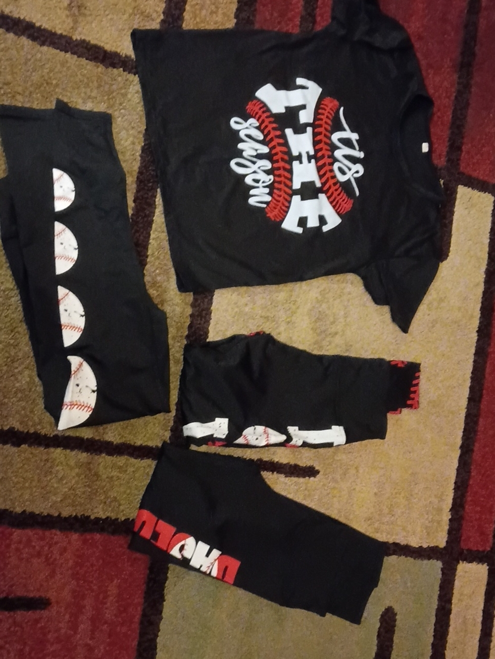 Black Baseball Graphic Tee and 3 Matching Baseball Leggings Size Small